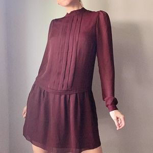 Reiss Burgundy Mock Neck Pleated Long Sleeve Mini Dress